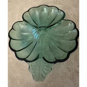 Green Glass Leaf-Shaped Decorative Glossy Glass Dish ~8 Inch InHutch for yrs.